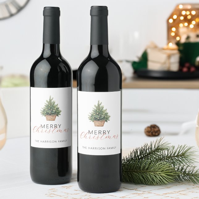 Rustikaler Weihnachtsbaum im Korb Weinetikett (Rustic Christmas Tree In Basket Wine Label)