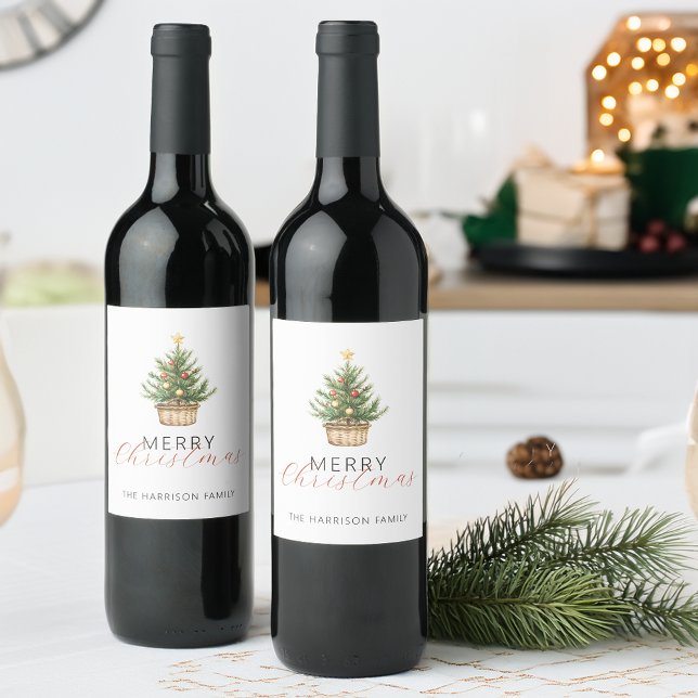 Rustikaler Weihnachtsbaum im Korb Weinetikett (Rustic Christmas Tree In Basket Wine Label)