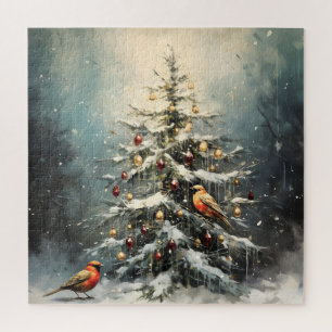 Rustikaler Weihnachtsbaum im Winter Schnee Rote Vö