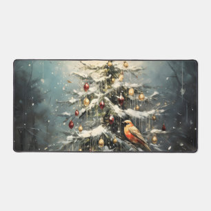 Rustikaler Weihnachtsbaum im Winter Schnee Rote Vö Schreibtischunterlage