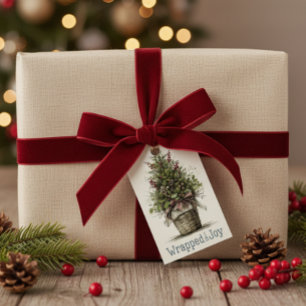 Rustikaler Weihnachtsbaum-Korb "Wrapped in Joy" Geschenkanhänger