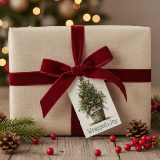 Rustikaler Weihnachtsbaum-Korb "Wrapped in Joy" Geschenkanhänger