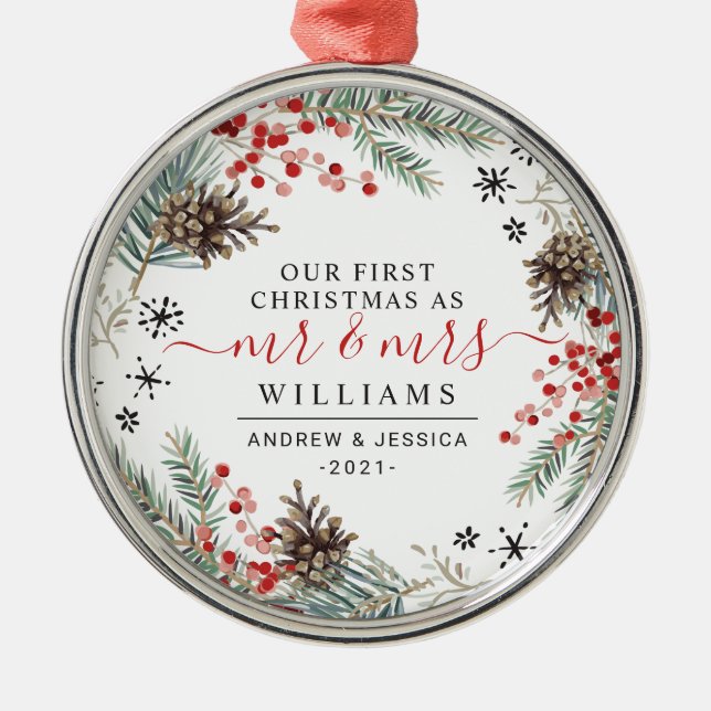 Rustikaler Weihnachtskranz | Herr & Mrs. Ornament Aus Metall (Vorne)