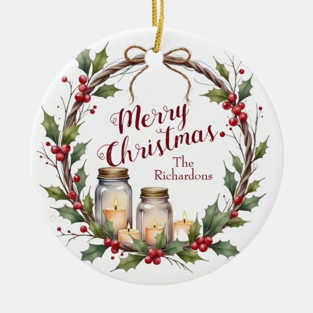 Rustikaler Weihnachtskranz mit Stechpalme  Keramik Ornament (Vorne)