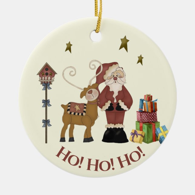 Rustikaler Weihnachtsmann, Rentierszene - Weihnach Keramik Ornament (Vorne)