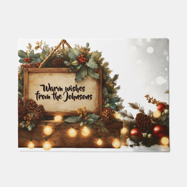 Rustikaler Weihnachtsrahmen mit eigenem Text Fußmatte (Vorderseite)