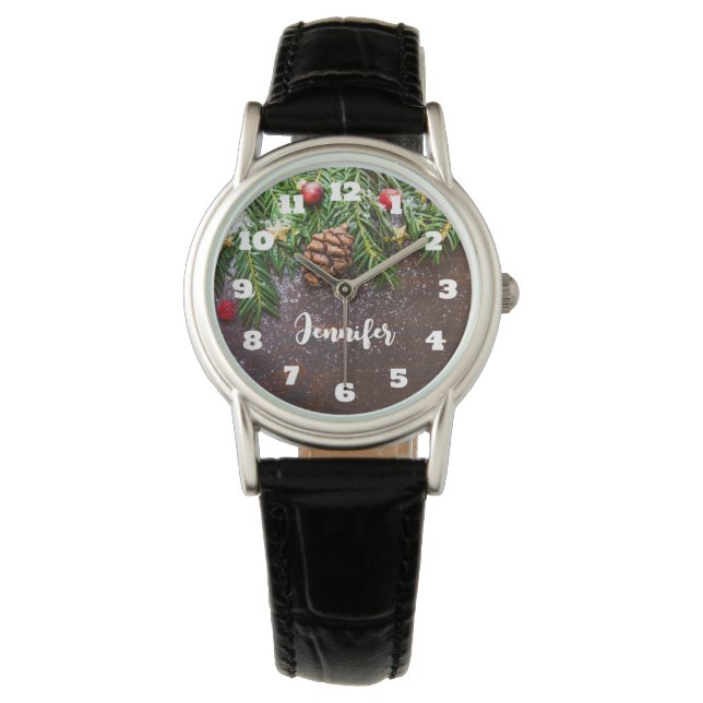 Rustikaler Weihnachtstisch mit Kiefer und Schnee Armbanduhr (Vorderseite)