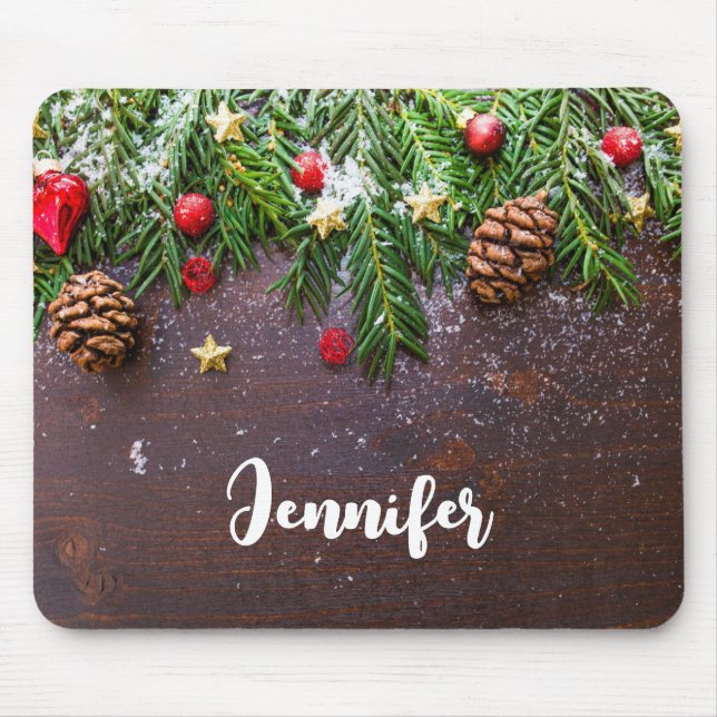 Rustikaler Weihnachtstisch mit Kiefer und Schnee Mousepad (Vorne)