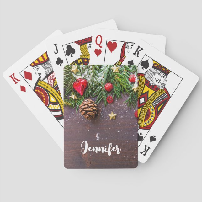 Rustikaler Weihnachtstisch mit Kiefer und Schnee Spielkarten (Rückseite)