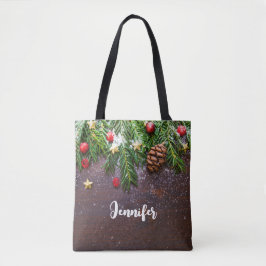 Rustikaler Weihnachtstisch mit Kiefer und Schnee Tasche