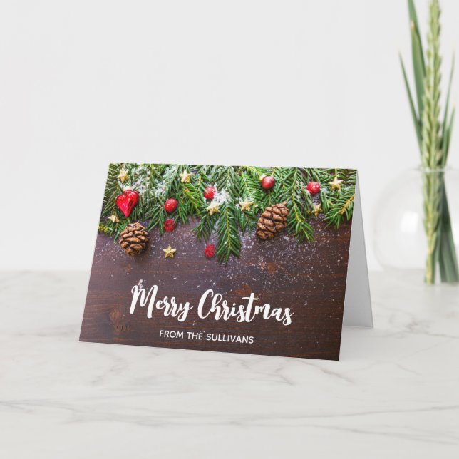 Rustikaler Weihnachtstisch mit Pine & Snow Xmas Karte (Vorderseite)