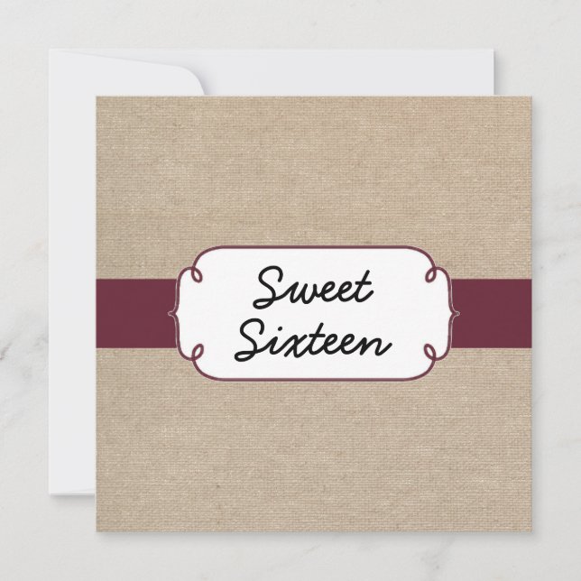 Rustikaler Wein und Beige Burlap 16 . Geburtstag Einladung (Vorderseite)