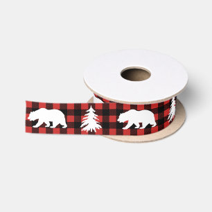 Rustikaler Weißer Bär & Bäume Buffalo Karo Kari Satinband
