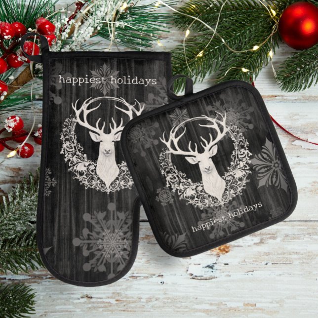 Rustikaler Weißer Rentier Ofenhandschuh & Topflappen-Set (Gray Rustic Watercolor White Reindeer Oven Mitt Pot Holder Set)