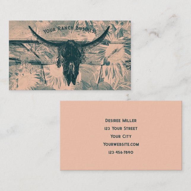 Rustikaler Western Aquamarin Tan Sunflowers Bull S Visitenkarte (Vorne/Hinten)