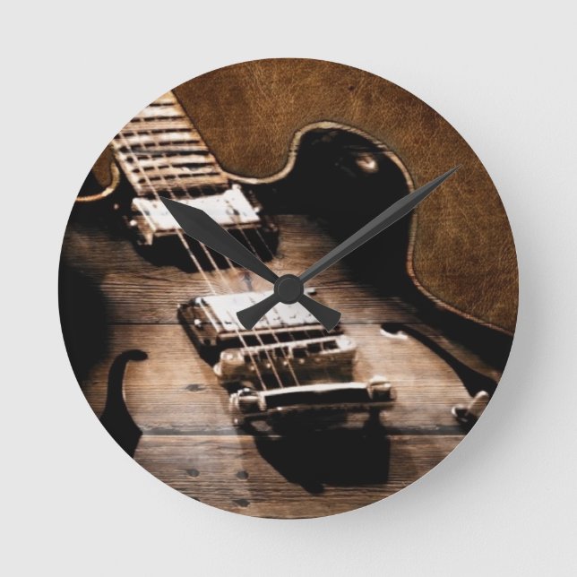 Rustikaler Western aus Stallholz Country Gitarre Runde Wanduhr (Vorderseite)