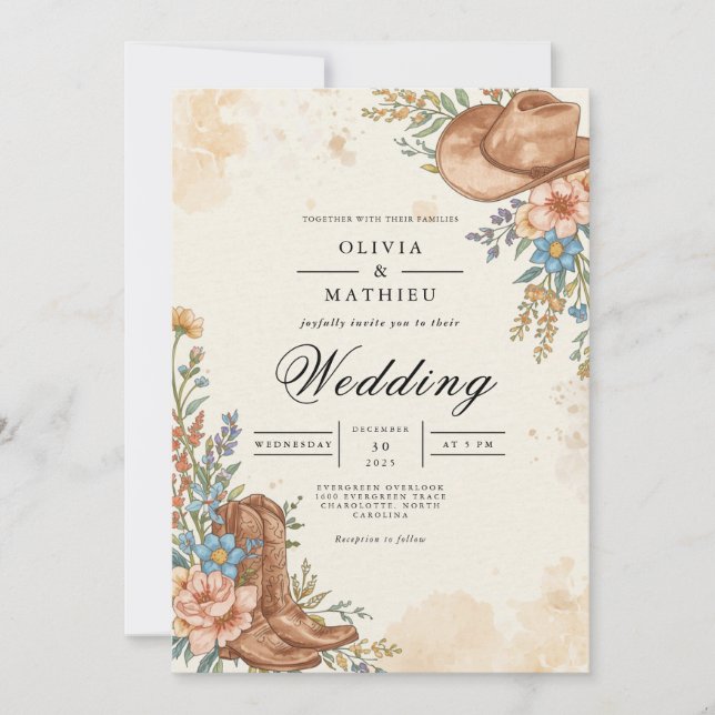 Rustikaler Western Bloom Blüh Wedding Einladung (Vorderseite)