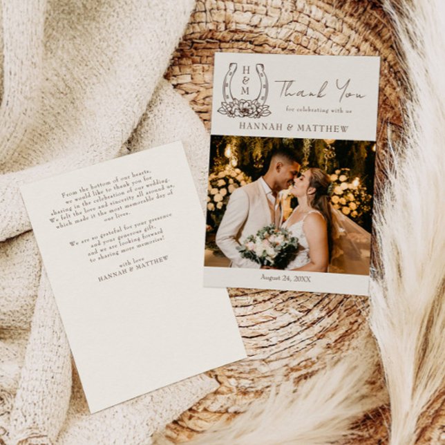 Rustikaler Western Boho Horseshoe Wedding Dankeskarte (Von Creator hochgeladen)