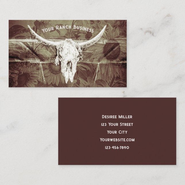 Rustikaler Western Braun Sonnenblumen Bull Skull Visitenkarte (Vorne/Hinten)