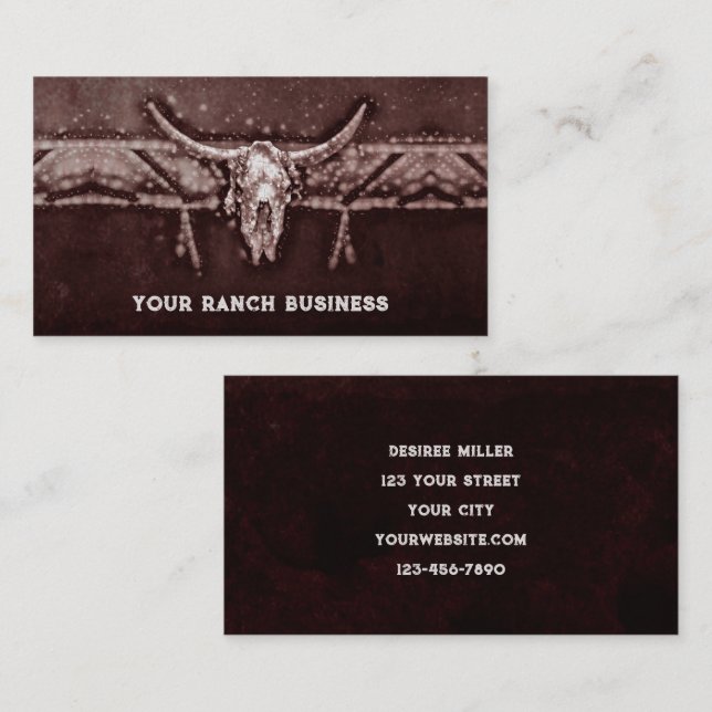 Rustikaler Western Bull Cow Skull Brown Stammeslan Visitenkarte (Vorne/Hinten)