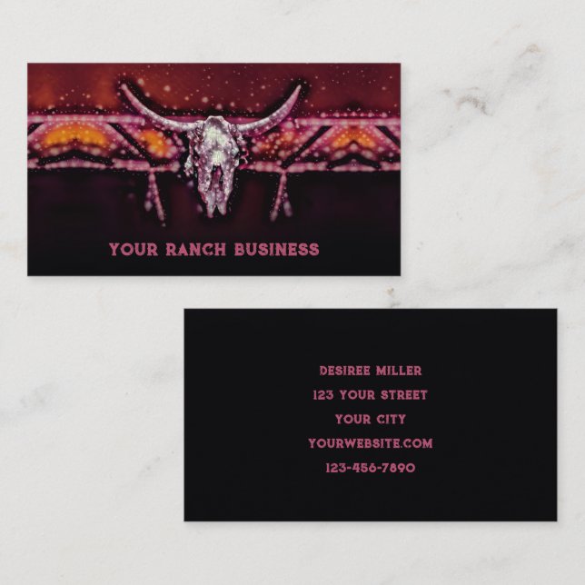 Rustikaler Western Bull Cow Skull Pink Tribal Land Visitenkarte (Vorne/Hinten)
