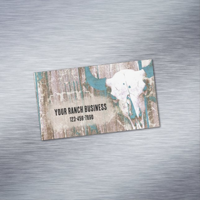 Rustikaler Western Bull Skull Aquamarin Brown Text Magnetische Visitenkarte (Beispiel)