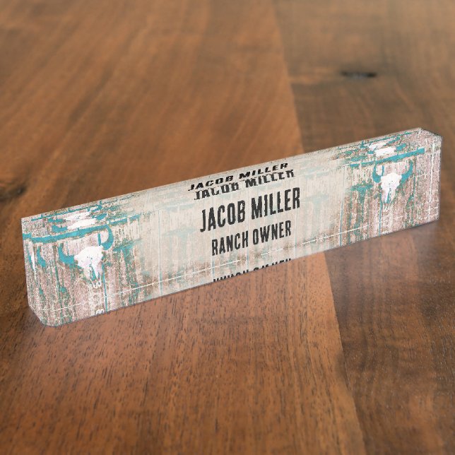 Rustikaler Western Bull Skull Aquamarin Brown Text Namensplakette (Seite)