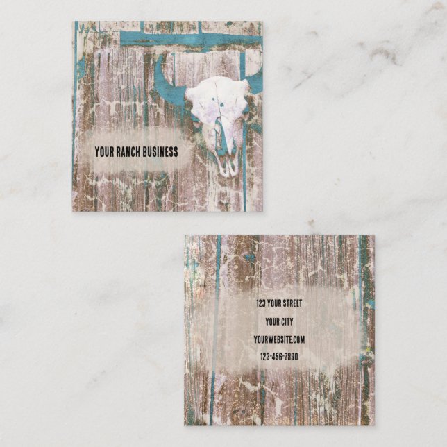 Rustikaler Western Bull Skull Aquamarin Brown Text Quadratische Visitenkarte (Vorne/Hinten)