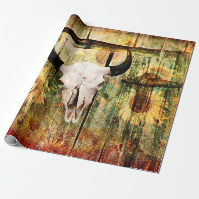 Rustikaler Western Bull Skull Country Sonnenblumen Geschenkpapier (Ungerollt)