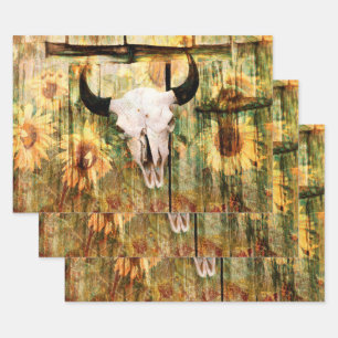 Rustikaler Western Bull Skull Country Sonnenblumen Geschenkpapier Set