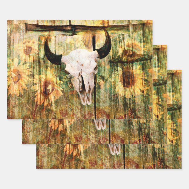Rustikaler Western Bull Skull Country Sonnenblumen Geschenkpapier Set (Set)