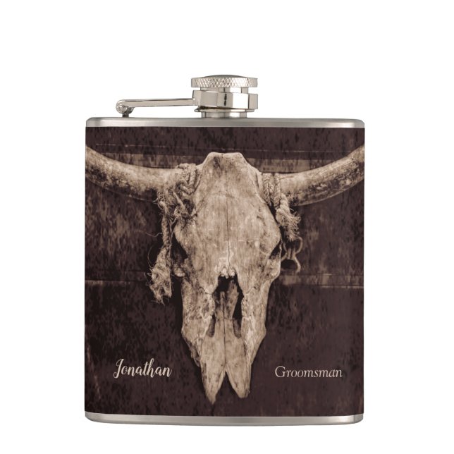 Rustikaler Western Bull Skull Hochzeit Land Textur Flachmann (Vorderseite)