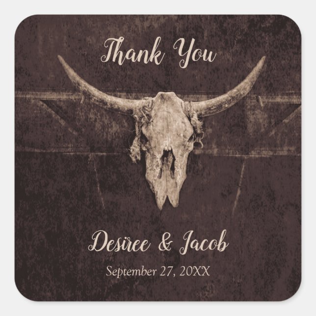 Rustikaler Western Bull Skull Hochzeit Land Textur Quadratischer Aufkleber (Vorderseite)