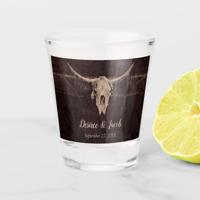 Rustikaler Western Bull Skull Hochzeit Land Textur Schnapsglas (Vorderseite)