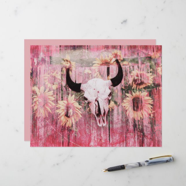 Rustikaler Western Bull Skull Pink Gelbe Sonnenblu (Vorderseite/Rückseite Beispiel)