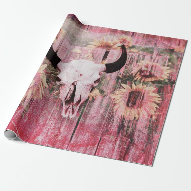 Rustikaler Western Bull Skull Pink Gelbe Sonnenblu Geschenkpapier (Ungerollt)