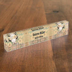 Rustikaler Western Bull Skull Sonnenblumen Holz Te Namensplakette