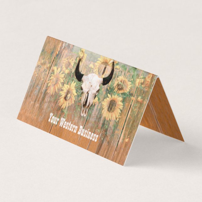 Rustikaler Western Bull Skull Sonnenblumen Holz Te Visitenkarten (Vorderseite)