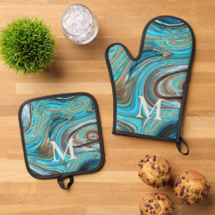 Rustikaler Western Country Blue Türkise Monogram Ofenhandschuh & Topflappen-Set