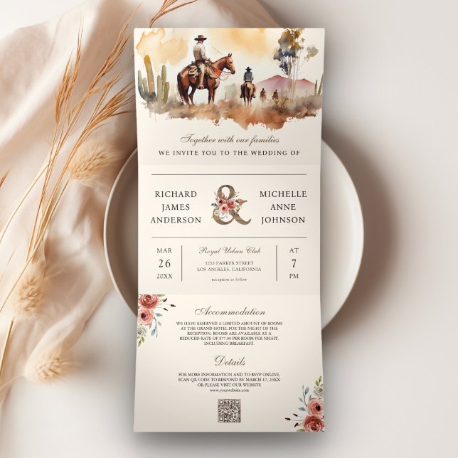 Rustikaler Western Cowboy All in One QR Code Weddi Dreifach Gefaltete Einladung (Von Creator hochgeladen)