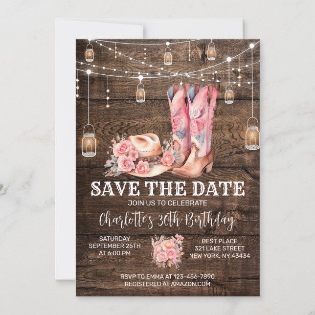 Rustikaler Western Cowgirl Save the Date Geburtsta Einladung (Vorderseite)