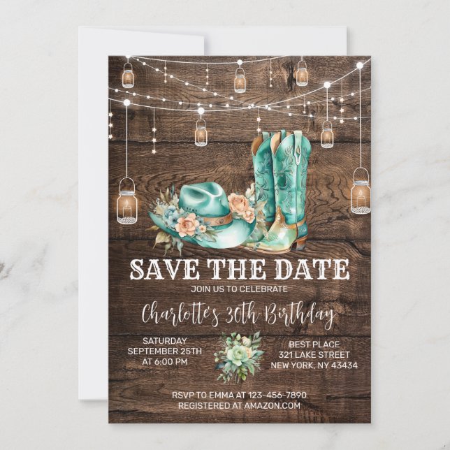 Rustikaler Western Cowgirl Save the Date Geburtsta Einladung (Vorderseite)