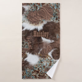 Rustikaler Western Cowhide Brown Leather Name Badhandtuch Set