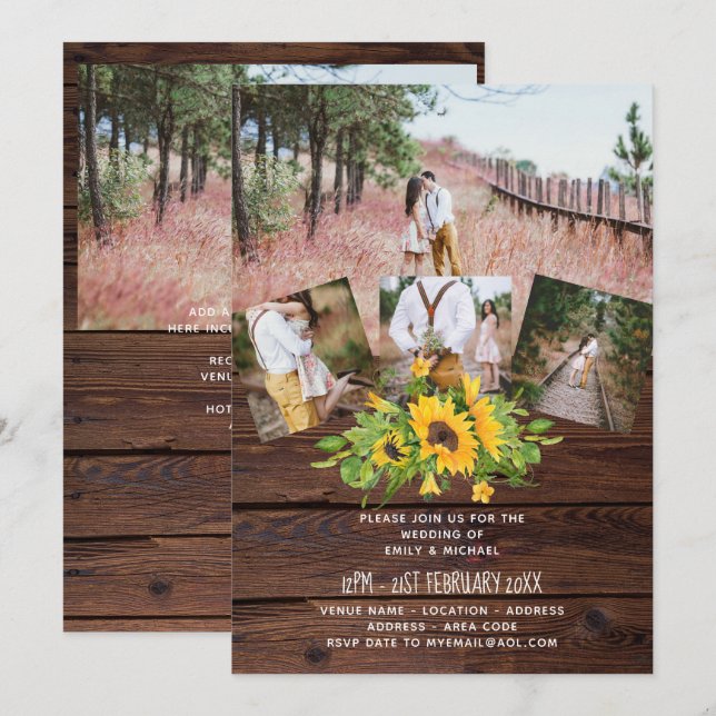 Rustikaler Western Hochzeit Sonnenblumen FOTO Coll Karte (Vorne/Hinten)