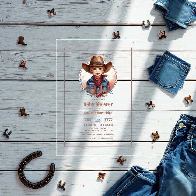 Rustikaler Western Kleine Cowboy Babydusche Acryleinladungen (Rustic Western Little Cowboy Baby Shower Acrylic Invitations)