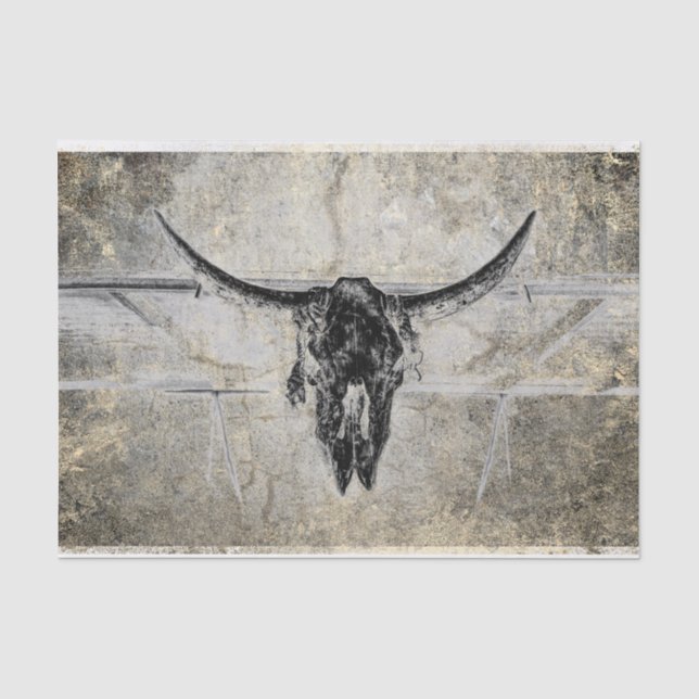 Rustikaler Western Kuh Skull Schwarz Textur Decoup Seidenpapier (Vorderseite)