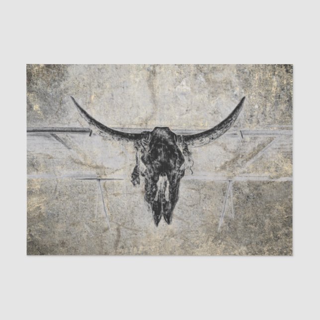 Rustikaler Western Kuh Skull Schwarz Textur Decoup Seidenpapier (Vorderseite)