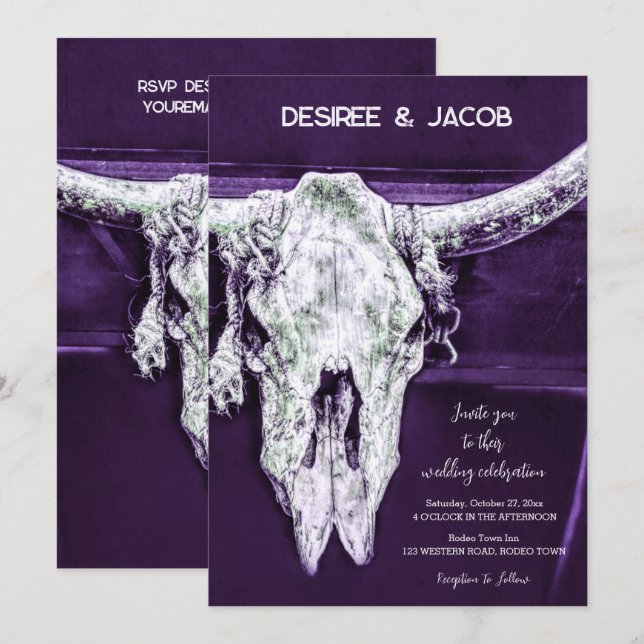 Rustikaler Western Land Dunkler Lila Bull Skull Einladung (Vorne/Hinten)