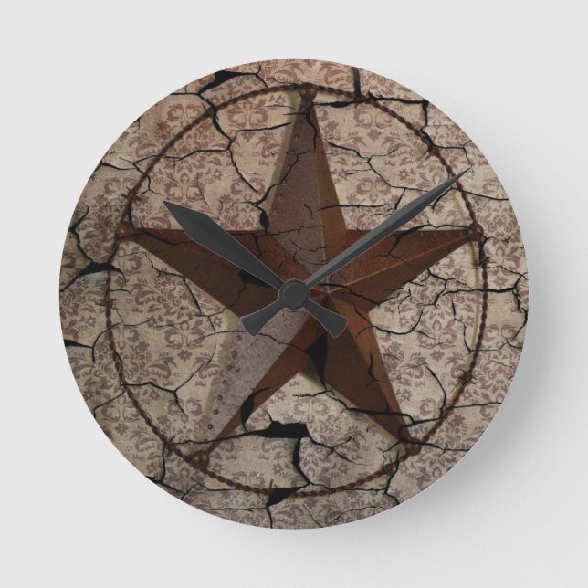 Rustikaler Western Land Primitive Texas Star Runde Wanduhr (Vorderseite)