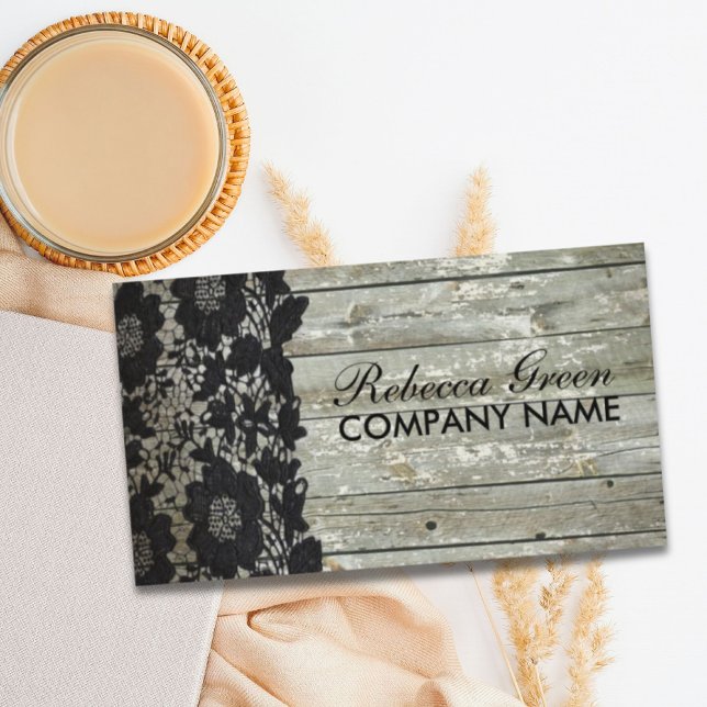 Rustikaler Western Land schwarze Spitzen Barnholz Visitenkarte (Rustic Western Country Black Lace Barn Wood Business Card)